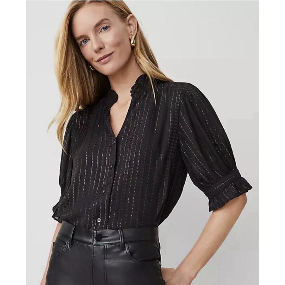 Ann Taylor Black Metallic Stripe Blouse Ruffle Sleeve Size Small